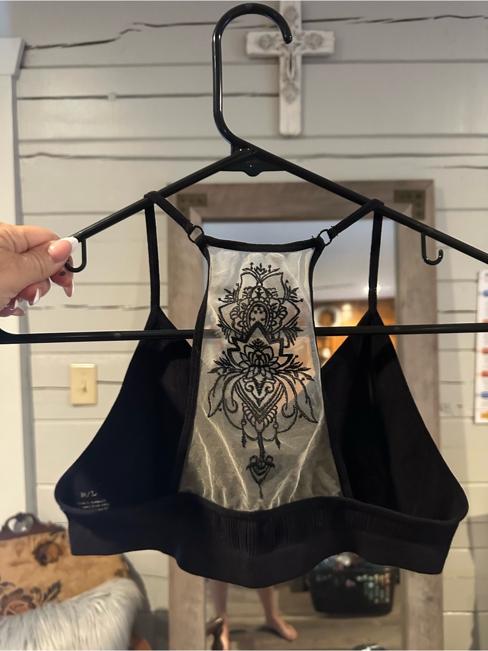 Black boho Embroidered lotus design Racerback Bralette with Ivory Panel